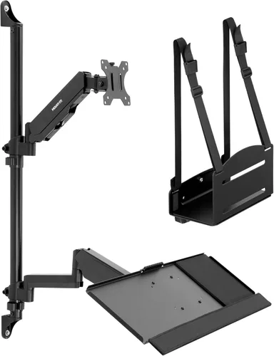 Miniatura 2 de Mount-It! Estación de trabajo de montaje en pared con soporte para monitor individual, bandeja para teclado y soporte para CPU, brazos ajustables