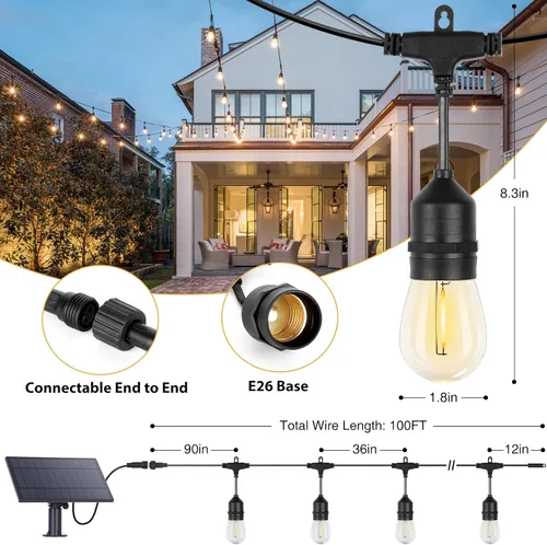 Miniatura 2 de ZJOJO Tira de luces solares para exteriores, impermeables, de 100 pies, luces solares para exteriores con 30+2 bombillas inastillables IP65, luces