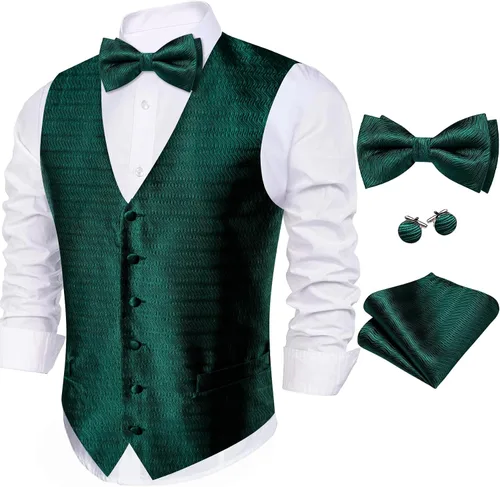 Miniatura 21 de Barry.Wang Conjunto de chaleco de pajarita para hombre, chaleco con cuello en V de seda jacquard de cachemira, gemelos de pañuelo formal/ocio, boda