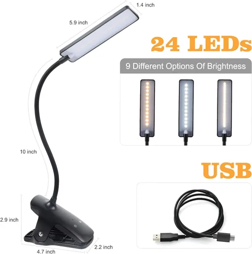 Miniatura 2 de Luz de Lectura LED con Clip Recargable USB Luces para Libros, 24 LEDs Lámpara de Cama Nocturna de Cuello Flexible, Control Táctil Lámparas de Negro