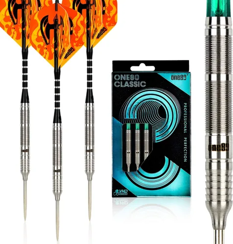 Miniatura 14 de ONE80 - Dardo de punta de acero profesional de tungsteno 90% VHD, estilo barril con vuelos extra, ejes y sacapuntas, caja de regalo con empaque