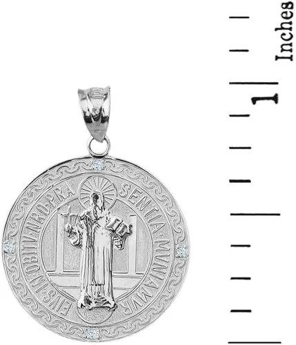 Miniatura 2 de Medalla De San Benito Saint St Benedict Colgante de Moneda de Oro Blanco de 10 k (1"), Oro blanco Diamante, diamante blanco