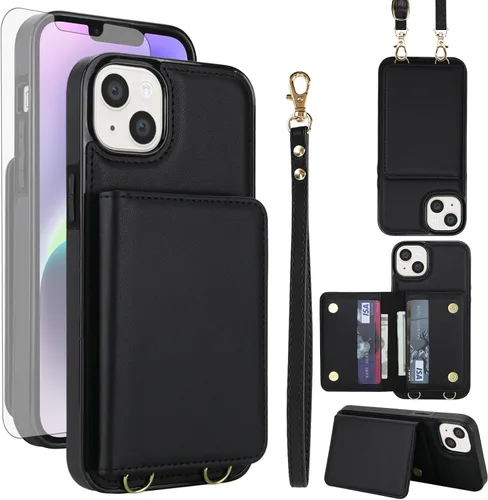 Miniatura 11 de Funda de teléfono para iPhone 13 Mini de 5.4 pulgadas con protector de pantalla, correa cruzada para muñeca, bloqueo RFID, tarjetero de crédito