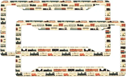 2 Pcs Car License Plate Frames for Women Men - Vintage Train Colorful Print Solid Aluminum License Plate Cover for Car Accessories for Women Men