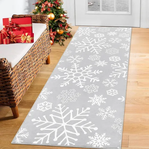 Miniatura 12 de ROYHOME Alfombra de Entrada de Navidad con Patrón de Copos de Nieve Antideslizante Resistente a las Manchas Decorativa para Festividades Lavable