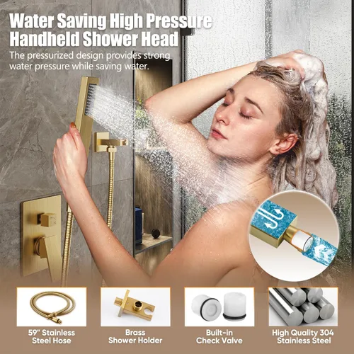 Miniatura 4 de Gabrylly Sistema de ducha dorado, cabezal de ducha de lluvia de acero inoxidable de 10 pulgadas de alta presión con combo de rociador de mano, juego