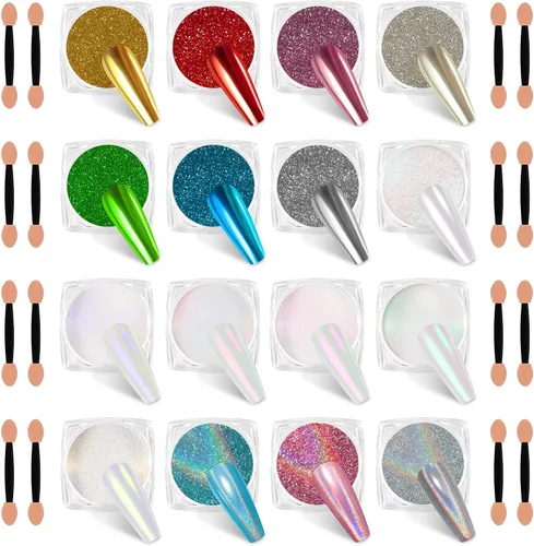16 tarros de polvo de uñas cromado, arte de uñas, decoración con purpurina, efecto espejo metálico, holográfico, aurora, perla, sirena, blanco,