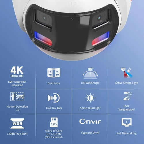 Miniatura 6 de Anpviz Cámara IP PoE de doble lente con cable de 4k 8MP, cámara de seguridad panorámica de 180° para exteriores con luz estroboscópica roja y azul