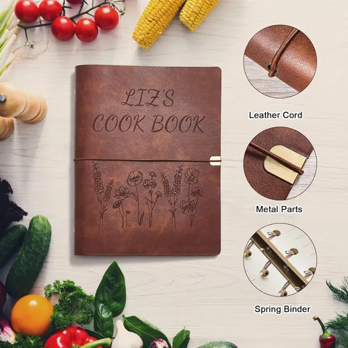 Miniatura 6 de Libro de recetas de cuero hecho a mano, diario cuaderno con grabado personalizado del nombre, libros de cocina familiares personalizados
