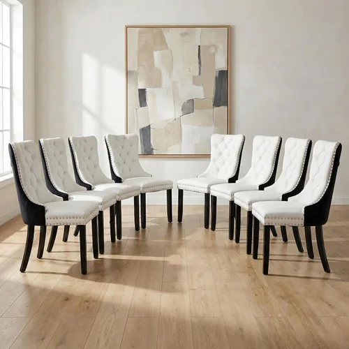 Miniatura 91 de OVENTA Juego de 4 sillas de comedor modernas tapizadas copetudas, terciopelo negro y gris y cuero con patas de madera maciza, sillas de cocina