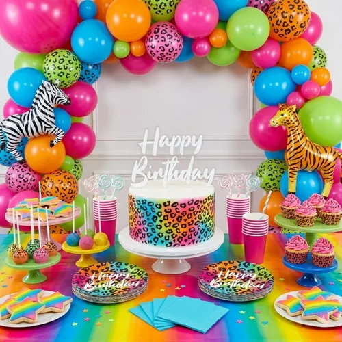 Miniatura 3 de Live It Up! Party Supplies Wild Child Happy Birthday - Platos de postre de papel con estampado de animales, servilletas y tazas de color rosa
