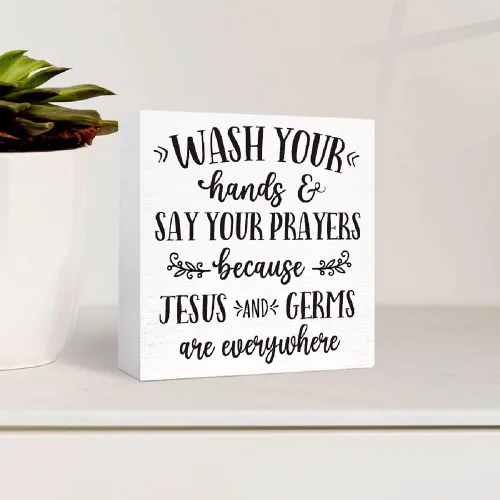 Miniatura 3 de Letrero de madera con texto en inglés "Wash Your Hands and Say Your Prayers", divertidos letreros de baño para estante de baño, baño, baño, Blanco