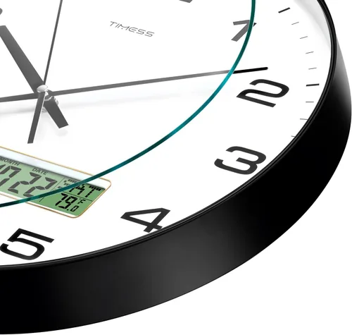 Miniatura 2 de TIMESS Reloj de pared, esfera de 12 pulgadas, sin tic-tac, silencioso, funciona con pilas, analógico con pantalla LCD para calendario perpetuo