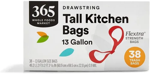 365 by Whole Foods Market, Flextra Strength - Bolsas de basura altas con cordón para cocina, 13 galones, 38 unidades Blanco