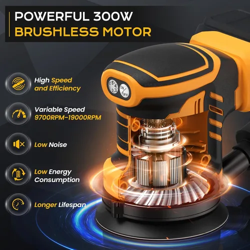Miniatura 2 de Lijadora Orbital Aleatoria Inalámbrica Compatible con Dew 20V Max, Lijadora Orbital sin Escobillas de 5 Pulgadas con 19000 RPM 6 Velocidades