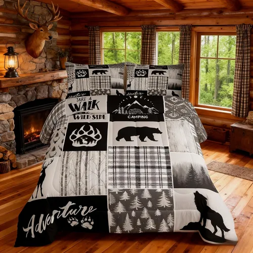 Miniatura 50 de Juego de edredón de cuernos de ciervo tamaño individual, juego de ropa de cama rústica de granja con huellas de oso y pinos para decoración