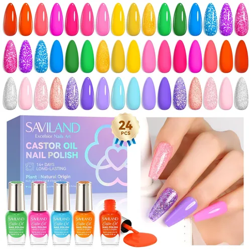 SAVILAND Juego de esmaltes de uñas: kit de esmalte de uñas de secado rápido rosa brillante, amarillo y rojo, con purpurina, 24 colores, esmalte de