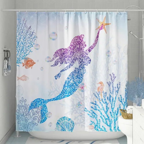 Miniatura 2 de Bonito juego de cortinas de ducha de sirena, cortinas de ducha con escamas de pez con purpurina para baño, decoración de baño de niños, tela de Azul