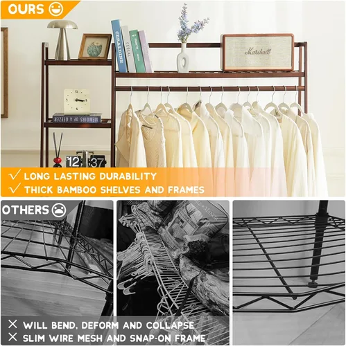 Miniatura 3 de Baveke Perchero de bambú para ropa de 7 niveles, estante de almacenamiento para colgar ropa, organizador de armario portátil con estante superior