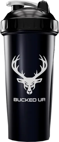 Miniatura 2 de Botella agitadora para proteínas, pre-entrenamiento y batidos, botella negra con logo gris de Buck (28oz)