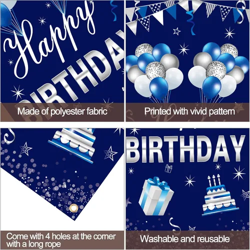 Miniatura 6 de Turypaty Cartel de feliz cumpleaños azul plateado para puerta para hombres y niños, suministros de fiesta de cumpleaños 16, 21, 30, 40, 50, 60