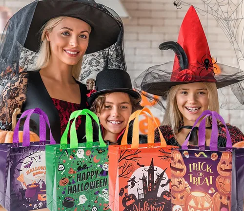 Miniatura 4 de 12 bolsas de Halloween para dulce o truco, bolsas de mano con asas para niños, bolsas de regalo reutilizables no tejidas de Halloween para envolver
