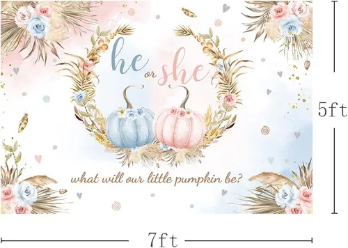 Miniatura 3 de MEHOFOND Fondo de otoño de 7 x 5 pies, diseño de calabaza pequeña para baby shower, decoración de fiesta con texto en inglés "He or she What Will
