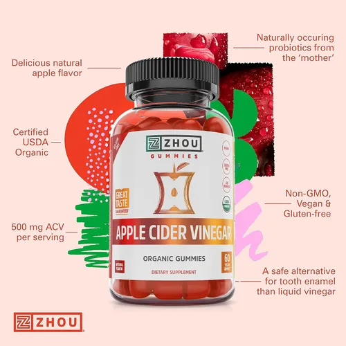 Miniatura 5 de Zhou Gomitas de vinagre de sidra de manzana, gomitas ACV para mujeres y hombres con saúco, delicioso sabor con azúcar de caña cruda, USDA Organic