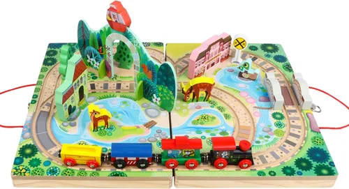 Miniatura 9 de Juego de tren de 18 piezas para niños pequeños, ferrocarril de mesa de madera para niños a partir de 3 años, juguetes de tren portátiles y duraderos