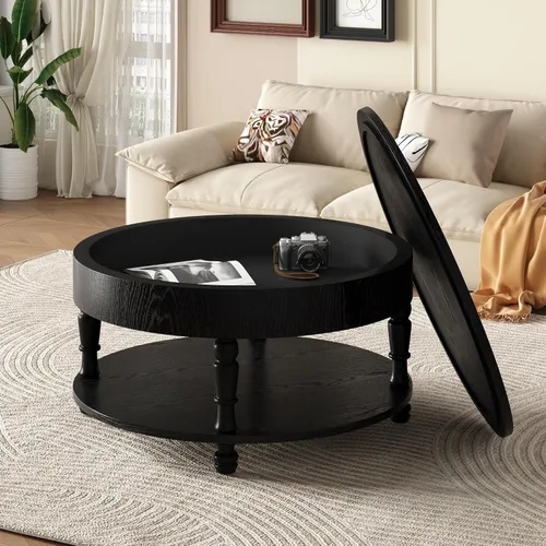 Miniatura 41 de KEVINSPACE Mesa auxiliar negra con borde dorado en la parte inferior, mesa de centro redonda para espacios pequeños, mesa auxiliar de madera mesita