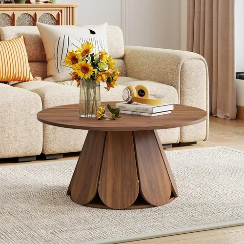 Mesa de centro redonda, moderna mesa central circular de madera con base de pedestal para espacios pequeños, sala de estar, apartamento, nogal