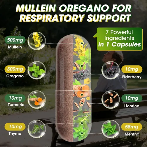 Miniatura 3 de Mullein Cápsulas de aceite de orégano para pulmones desintoxicante 7 en 1 puro extracto de hoja de gordolobo, saúco, cúrcuma, menta para apoyo