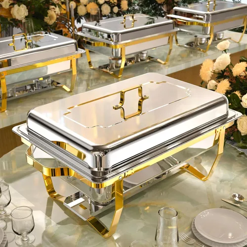 Platos Calentadores para Buffet Paquete de 4, 9QT [Sin Cortes en los Dedos] Juego de Platos Calentadores para Buffet con Diseño de Borde Enrollado
