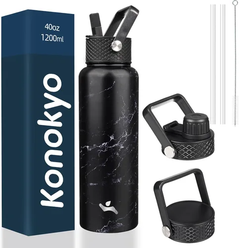 Miniatura 62 de Konokyo - Botella de agua aislada de 18 onzas, botellas deportivas de acero inoxidable con 3 tapas, verde militar
