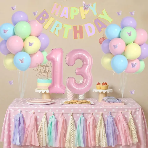 Miniatura 4 de 13th Birthday Decorations For Girls -12 Inch Pastel Balloons, 32 Inch Pink 13 Balloon, 3D Butterflies Stickers, Happy Birthday Banner For Teen Girl