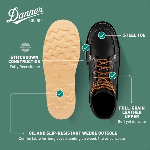 Miniatura 4 de Danner Botas de trabajo Bull Run de 6 pulgadas con punta de acero para hombre, cuero aceitado de grano completo con suela de cuña antideslizante