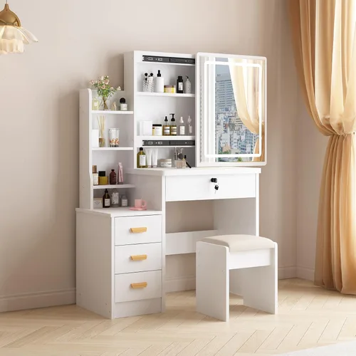 Miniatura 7 de MONGMON Escritorio de tocador con espejo y luces, 3 modos de iluminación, tocador de estilo europeo con cajones, con estantes de almacenamiento