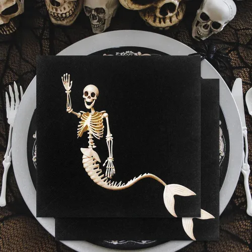 Miniatura 5 de 60 servilletas de Halloween – Servilletas de papel desechables de 6.5 x 6.5 pulgadas, servilletas negras de esqueleto de sirena para reuniones