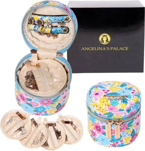 Angelina's Palace Estuche organizador de joyas redondo Bolsa de viaje Regalos de dama de honor Caja de cuero vegano para collar, aretes, pulsera,