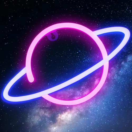 Letrero de neón de planeta para decoración de pared, funciona con USB o pilas, color rosa/azul, planeta con luz LED para dormitorio, sala de juegos,