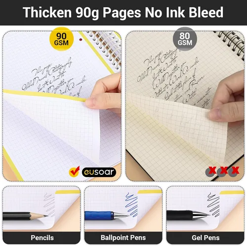 Miniatura 6 de EUSOAR - Cuaderno en espiral de papel gráfico, tamaño A4 de 9.25" x 11.7", gran cuaderno de 3 asignaturas, cuaderno de diario de tapa dura