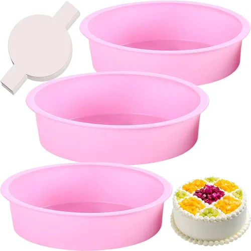 Miniatura 10 de Moldes redondos de 4 pulgadas para hornear, paquete de 3 moldes de silicona para pasteles con 40 piezas de papel pergamino, moldes antiadherentes
