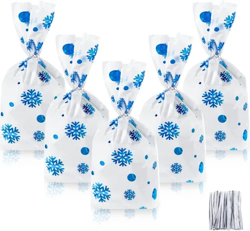 Miniatura 17 de Outus 100 piezas de bolsas de regalo de Navidad, bolsas de celofán con copos de nieve y Santa Claus, recipientes planos de plástico de celofán