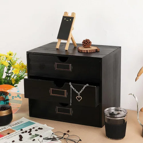 Miniatura 4 de Caja de almacenamiento de madera, organizador de escritorio rústico con 3 cajones, accesorios de escritorio de oficina, estante grande
