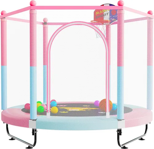 Miniatura 7 de VGMiu Trampolín de 60 pulgadas para niños, cama elástica de 5 pies para interiores y exteriores con aro de baloncesto, recinto de seguridad, regalos