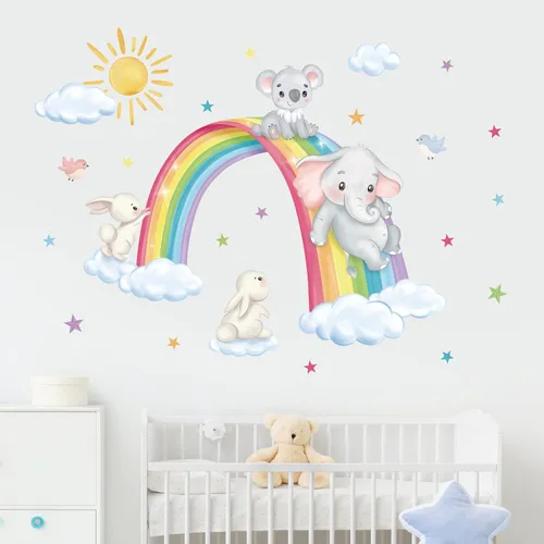 Miniatura 2 de decalmile Calcomanías de pared de animales de arco iris, elefante, koala, conejo, nubes, calcomanías de pared para habitación de bebé, habitación