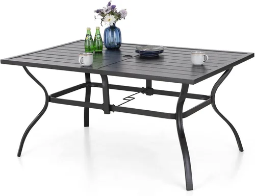 Miniatura 11 de MFSTUDIO Mesa de comedor al aire libre cuadrada de 60" de metal, mesa grande de patio con 8 plazas y agujero ajustable para sombrilla para terraza