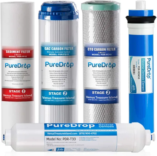 PureDrop PDR-F5-50 Paquete de filtros de agua de repuesto para sistema de ósmosis inversa de 50 GPD, 5 piezas