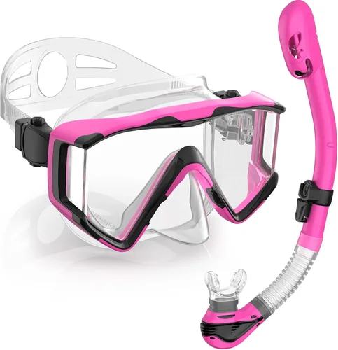 Miniatura 10 de Greatever Juego de esnórquel Pano de 3 ventanas para adultos, vista panorámica amplia, máscara de buceo antivaho, antifugas, gafas de esnórquel