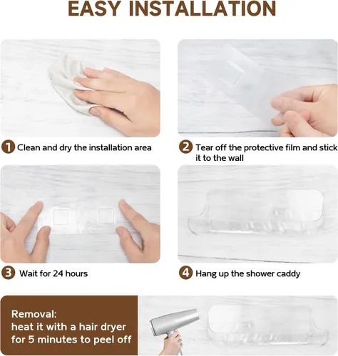 Miniatura 6 de Paquete de 2 estantes de ducha de acrílico, estante de baño transparente adhesivo, organizador de ducha de plástico con cinta autoadhesiva, sin